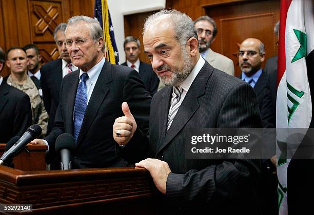 Secretary of Defense Donald Rumsfeld holds a press conference with Iraqi Prime Minister Ibrahim Jaafari after a meeting on July 27, 2005 in Baghdad,...