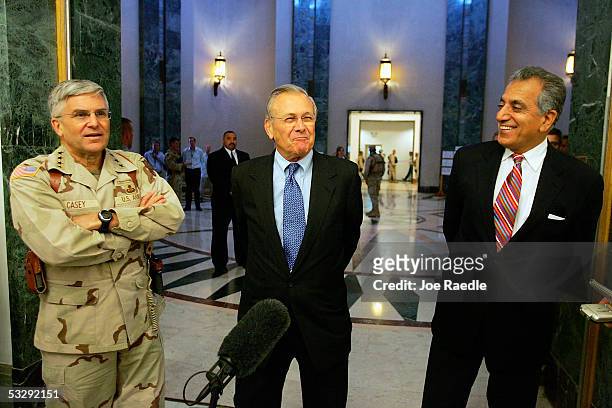 Army General George Casey , U.S. Secretary of Defense Donald Rumsfeld and U.S. Ambassador Amb Zal Khalilzad attend a press conference on July 27,...