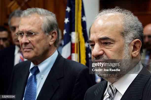 Secretary of Defense Donald Rumsfeld holds a press conference with Iraqi Prime Minister Ibrahim Jaafari after a meeting on July 27, 2005 in Baghdad,...