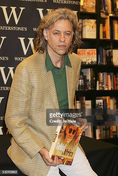 Band Aid and Live 8 champion, Bob Geldof, signs copies of his book "Geldof In Africa" at Waterstone's, Oxford Street on July 27, 2005 in London,...