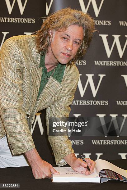 Band Aid and Live 8 champion, Bob Geldof, signs copies of his book "Geldof In Africa" at Waterstone's, Oxford Street on July 27, 2005 in London,...