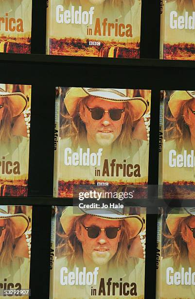 Copies of Band Aid and Live 8 champion Bob Geldof's book "Geldof In Africa" are seen during a signing event at Waterstone's, Oxford Street on July...