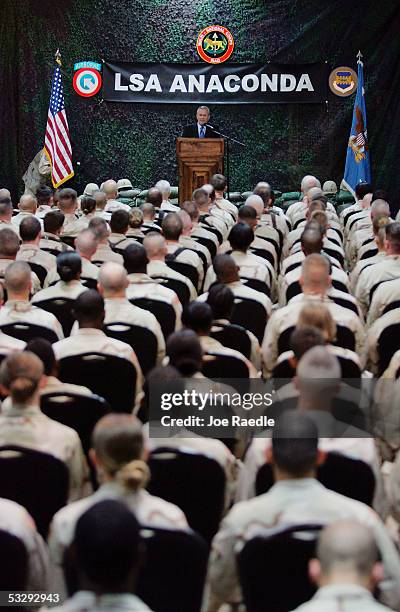 Secretary of Defense Donald Rumsfeld speaks to a room of U.S. Army soldiers during a town hall-style meeting July 27, 2005 at the Balad airbase in...