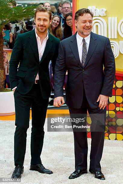 Ryan Gosling and Russell Crowe attend "The Nice Guys" UK premiere at Odeon Leicester Square on May 19, 2016 in London, England.