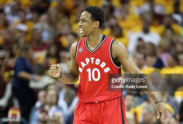 DeMar DeRozan of the Toronto Raptors reacts during the first half against the Cleveland Cavaliers in game two of the Eastern Conference Finals during...