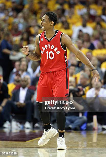 DeMar DeRozan of the Toronto Raptors reacts during the first half against the Cleveland Cavaliers in game two of the Eastern Conference Finals during...