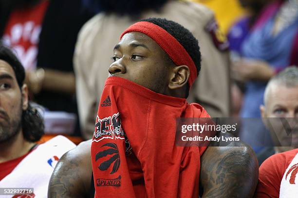 Terrence Ross of the Toronto Raptors reacts on the bench during the second half against the Cleveland Cavaliers in game two of the Eastern Conference...
