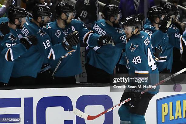 Tomas Hertl of the San Jose Sharks celebrates his goal in the first period against the St. Louis Blues in game three of the Western Conference Finals...