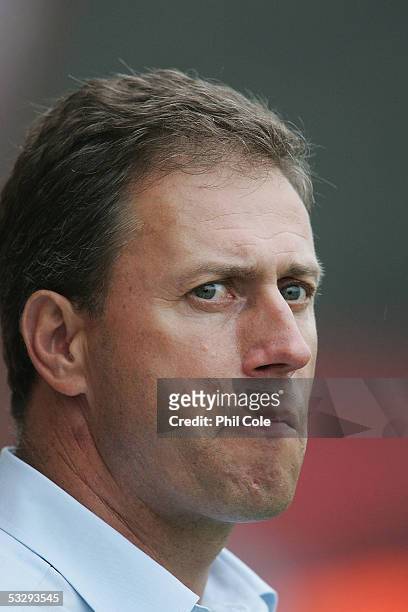 Alan Perrin, manager of Portsmouth, looks on during a pre-season friendly match between Bournemouth and Portsmouth at the Fitness First Stadium on...