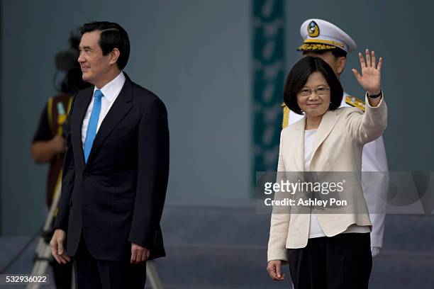 Taiwan President Tsai Ing-wen and former Taiwan President Ma Ying-jeou wave to the crowd on May 20, 2016 in Taipei, Taiwan. Taiwan's new president...