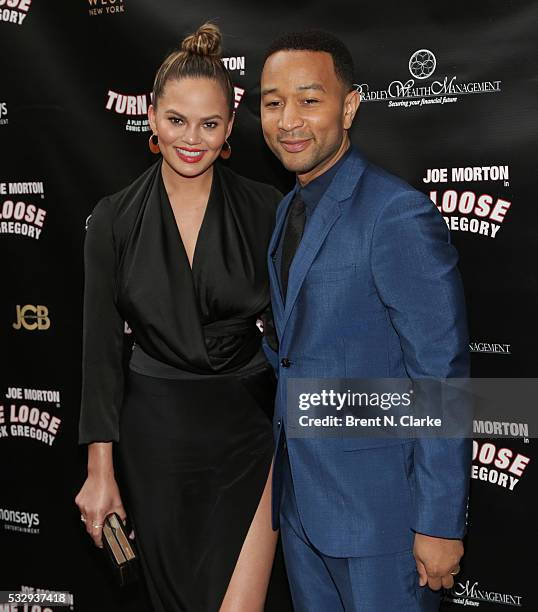 Model Chrissy Teigen and producer/musician John Legend attend the opening night of "Turn Me Loose" held at The Westside Theatre on May 19, 2016 in...