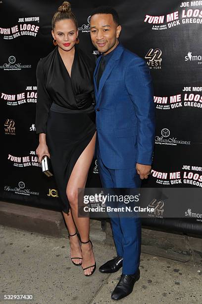 Model Chrissy Teigen and producer/musician John Legend attend the opening night of "Turn Me Loose" held at The Westside Theatre on May 19, 2016 in...