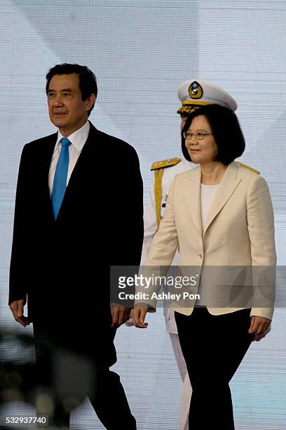 Taiwan President Tsai Ing-wen and former Taiwan President Ma Ying-jeou greet the crowd on May 20, 2016 in Taipei, Taiwan. Taiwan's new president Tsai...