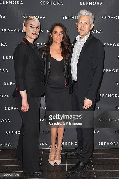 Eaton Centre Store Director Reagan Williams, Meghan Markle and General Manager Terry Rowe attend Sephora Unveils Toronto Eaton Centre Remodel at...