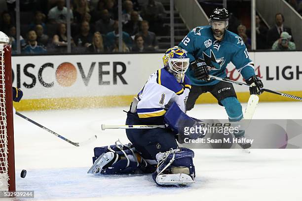 Brian Elliott of the St. Louis Blues allows a goal on a shot by Joonas Donskoi of the San Jose Sharks in game three of the Western Conference Finals...