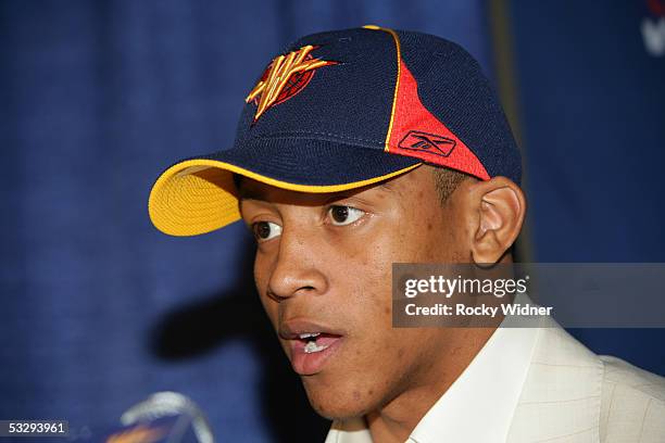 Recent draft pick Monta Ellis of the Golden State Warriors answers questions on June 30, 2005 at the Warriors Basketball Camp at 24 Hour Fitness...