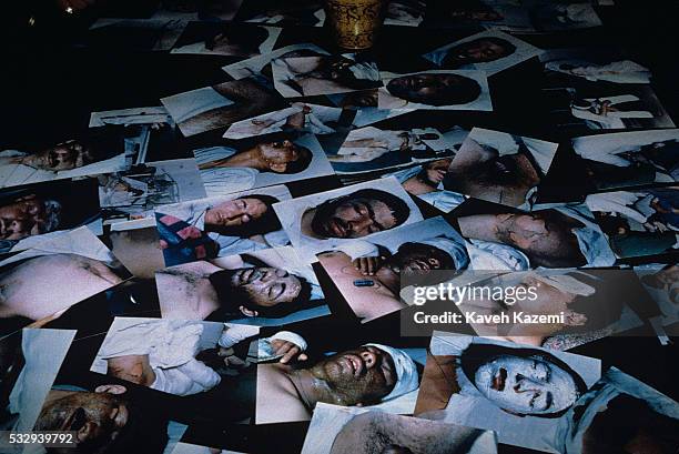 Pictures of victims of Saddam Hussein's chemical gas attack on Halabja seen on a desk in Labbafinejad hospital bed, 22nd March 1988. Towards the end...