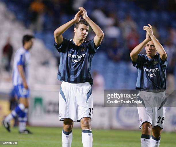 Newcastle United's Steven Taylor and Michael Choppa applaud fans at the end of an Intertoto semi-final, 1st leg match between Deportivo La Coruna and...