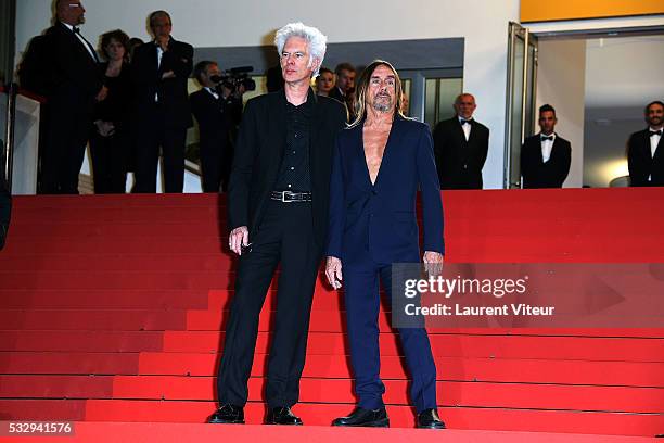 Jim Jarmusch and Iggy Pop attend the 'Gimme Danger' Premiere during the 69th annual Cannes Film Festival at the Palais des Festivals on May 19, 2016...