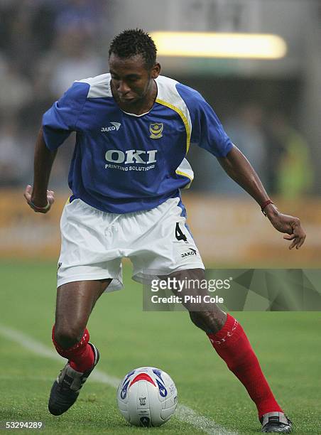 John Viafara of Portsmouth moves the ball during a pre-season friendly match between Bournemouth and Portsmouth at the Fitness First Stadium on July...