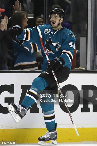 Tomas Hertl of the San Jose Sharks celebrates after his second goal in game three of the Western Conference Finals against the St. Louis Blues during...