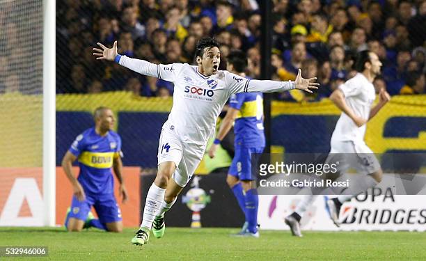 Gonzalo Fabian Porras of Nacional celebrates a Boca Junior's own goal by Daniel Diaz during a second leg match between Boca Juniors and Nacional as...