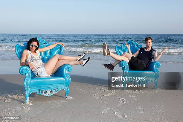 Kim Schifino and Matt Johnson of Matt and Kim pose for a portrait on the Gulf of Mexico during the 2016 Hangout Music Festival Kick-off Party on May...