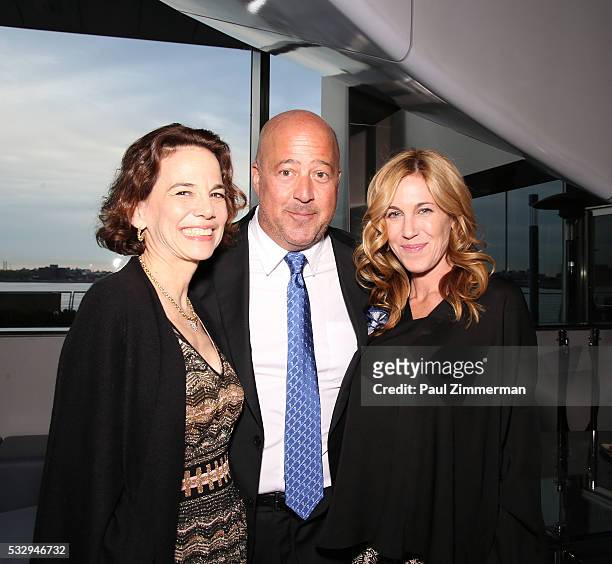 Honoree Dana Cowin, chef Andrew Zimmern and Jess Press Marden pose at the Celebrity Chef Andrew Zimmern Hosts "Dinner For A Better New York"...