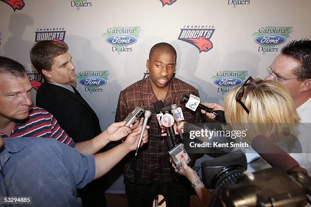 Draft picks Raymond Felton of the Charlotte Bobcats is interviewed by the media at the Bobcats Post Draft Press Conference on June 29, 2005 at the...