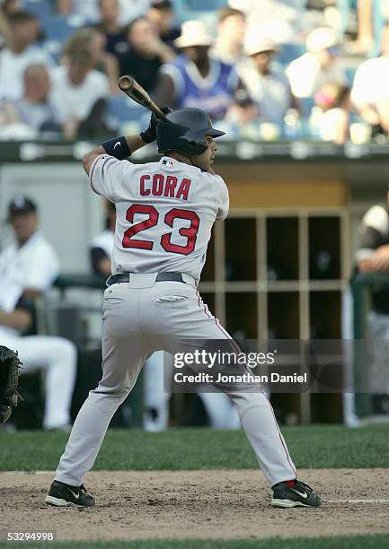 Alex Cora of the Boston Red Sox bats during the game with the Chicago White Sox on July 24, 2005 at U.S. Cellular Field in Chicago, Illinois. The...