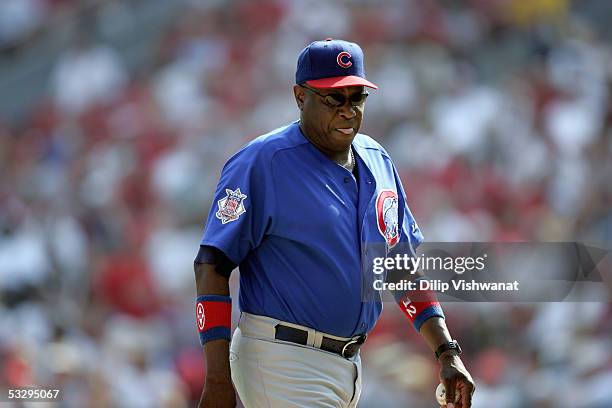 Dusty Baker of the Chicago Cubs watches during the game with the with the St. Louis Cardinals on July 23, 2005 at Busch Stadium in St. Louis,...