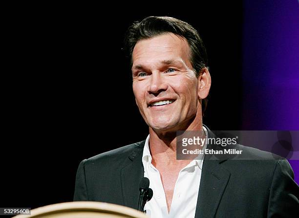 Actor Patrick Swayze accepts the Independent Career Achievement Award at the Video Software Dealers Association's award show at the organization's...