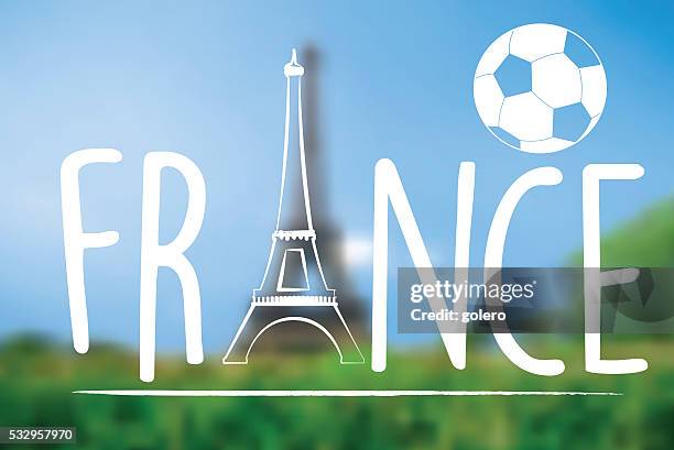 france text with eiffel tower symbol on blurred paris background - grass ground level stock illustrations