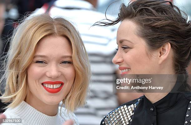 Lea Seydoux and Marion Cotillard attend the 'It's Only The End Of The World ' Photocall during the 69th annual Cannes Film Festival at the Palais des...