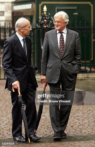 Lord Norman Tebbit and Lord Kenneth Baker attend the service of thanksgiving for Lord and Lady Callaghan in Westminster Abbey, July 28, 2005 in...