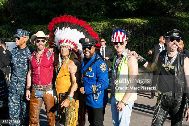 Bill Whitefield, Felipe Rose, Alex Briley, Jim Newman, Ray Simpson and Eric Anzalone of 'The Village People' arrive to attend the 'AMFAR' dinner...