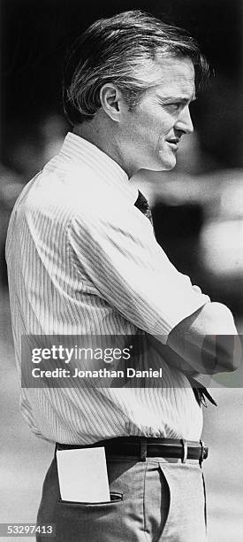 Team President Michael McCaskey of the Chicago Bears looks on during Training Camp in August 1984 at the University of Wisconsin-Platteville in...