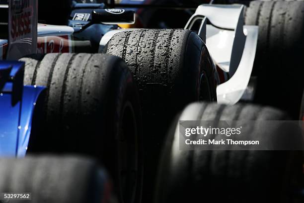 Worn tyres in parc ferme after the British F1 Grand Prix at Silverstone Circuit on July 10, 2005 in Silverstone, England.