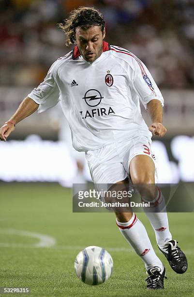 Christian Vieri of AC Milan looks to control the ball during their international friendly match against the Chicago Fire on July 27, 2005 at Soldier...