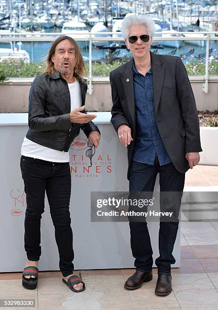 Jim Jarmusch and Iggy Pop attend the 'Gimme Danger' Photocall at the annual 69th Cannes Film Festival at Palais des Festivals on May 19, 2016 in...