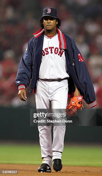 Pitcher Pedro Martinez of the Boston Red Sox walks to the mound during the American League Division Series with the Anaheim Angels, Game Two on...