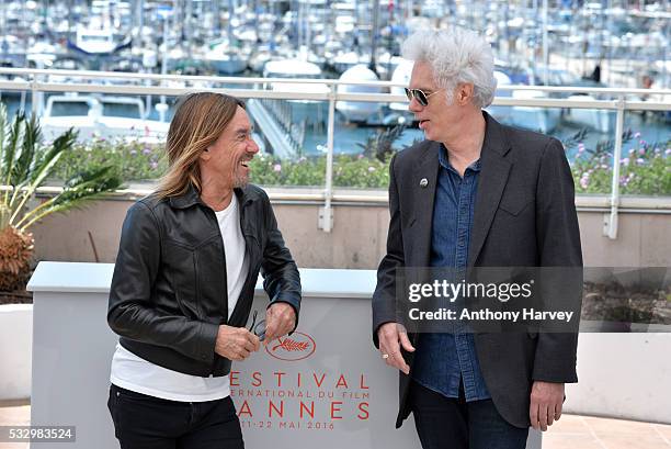 Jim Jarmusch and Iggy Pop attend the 'Gimme Danger' Photocall at the annual 69th Cannes Film Festival at Palais des Festivals on May 19, 2016 in...