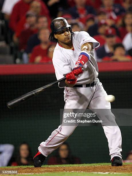 Outfielder Manny Ramirez of the Boston Red Sox takes a swing during the American League Division Series with the Anaheim Angels, Game Two on October...