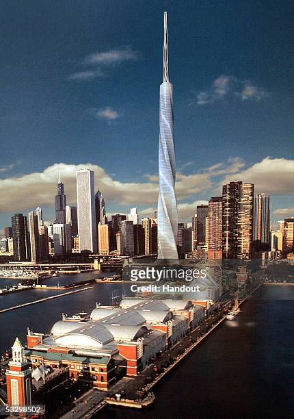 An artist's rendering provided by the Fordham Company depicts the newly proposed 2,000-foot Fordham Spire skyscraper, to be built in Chicago and...