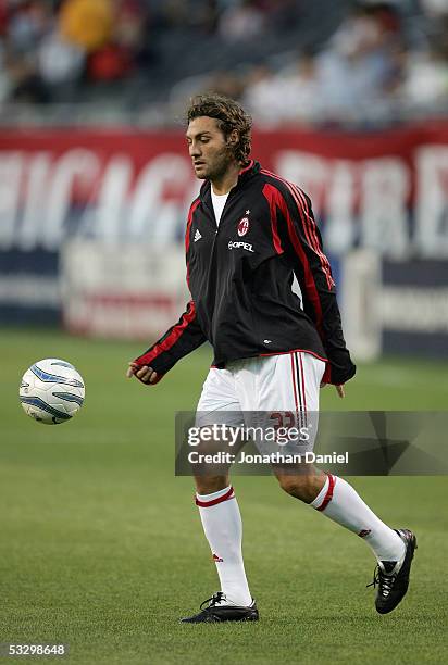 Christian Vieri of AC Milan warms up prior to a friendly match against the Chicago Fire on July 27, 2005 at Soldier Field in Chicago, Illinois. AC...