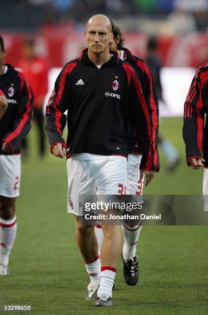 Jaap Stam of AC Milan looks on during warm up prior to a friendly match against the Chicago Fire on July 27, 2005 at Soldier Field in Chicago,...