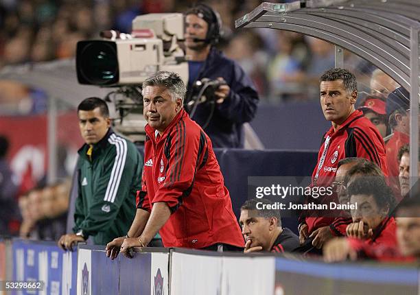 Coach Carlo Ancelotti of AC Milan watches as his team play the Chicago Fire of the MLS during a friendly match on July 27, 2005 at Soldier Field in...