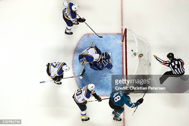 Tomas Hertl of the San Jose Sharks celebrates after his second goal against Brian Elliott of the St. Louis Blues in game three of the Western...