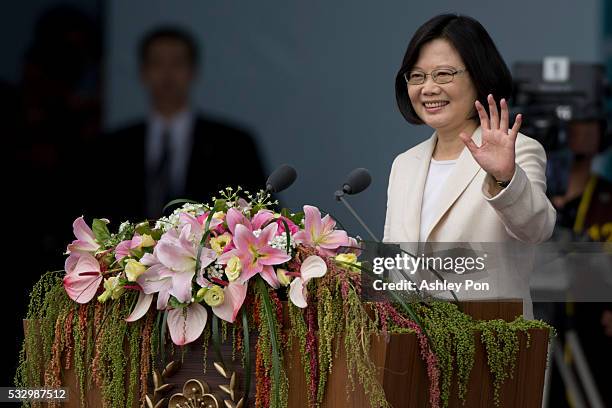 Taiwan President Tsai Ing-wen waves to the crowd on May 20, 2016 in Taipei, Taiwan. Taiwan's new president Tsai Ing-wen took oath of office on May 20...