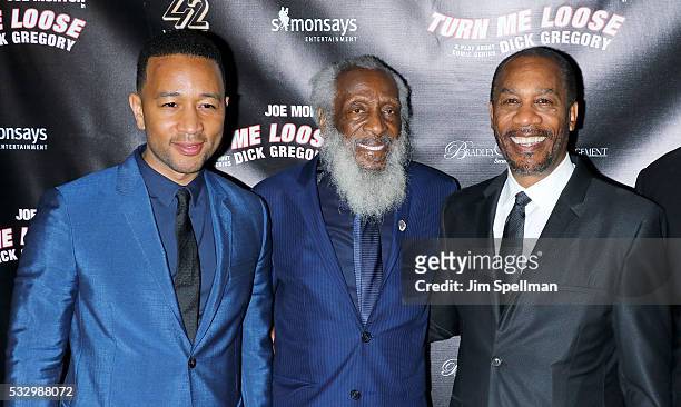 Singer/songwriter John Legend, Dick Gregory and actor Joe Morton attend "Turn Me Loose" opening night at The Westside Theatre on May 19, 2016 in New...